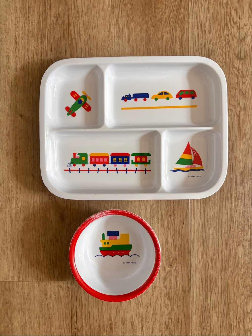 Vintage Kids Plate and Bowl Set with Colorful Vehicle Prints